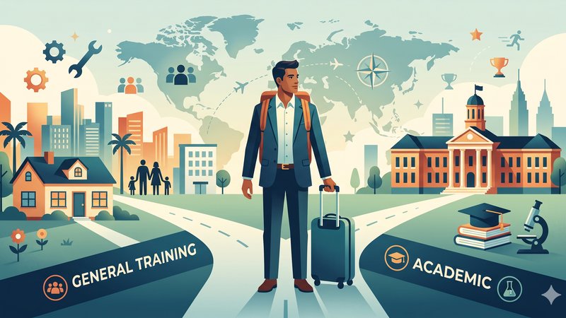 Иллюстрация выбора между академическим и общим модулями IELTS для руководителей, планирующих миграцию